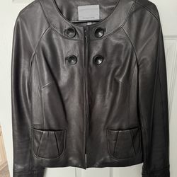 Women’s Black Leather Jacket Classiques Entier Collarless Button Size Medium