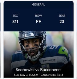 Seahawks vs Tampa Bay Buccaneers - Face Value - 25 yard line, right on the aisle