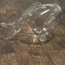 Vintage Hand-Blown Clear Glass Open Mouth Fish Vase Bowl