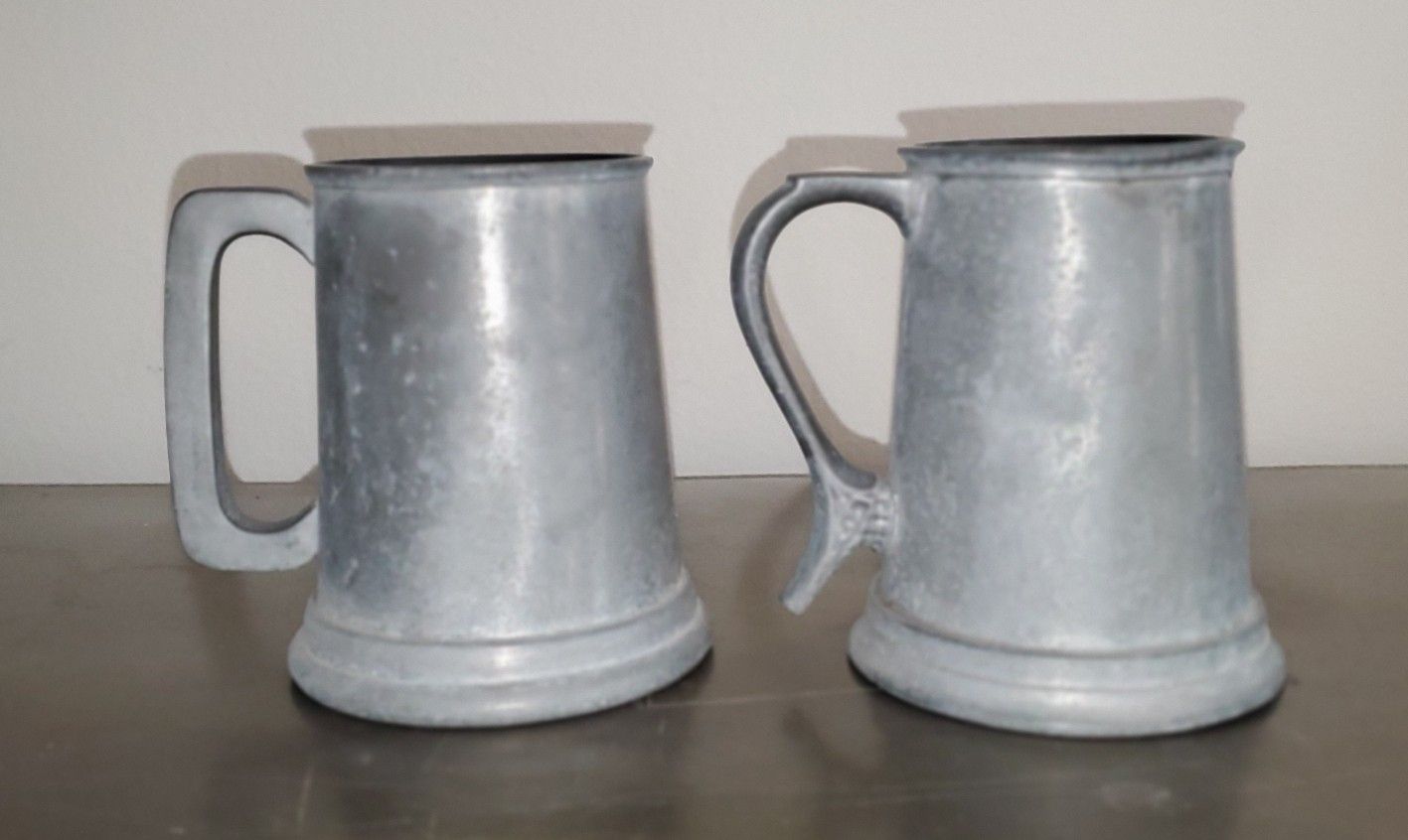 2 Vintage Pewter Glass Bottom Beer Mugs
