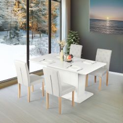 Homy Casa Quinby 5 Piece Dining Table Set 81” High Gloss Extensional White Table with 4 Douro Upholstered Chairs,Gray