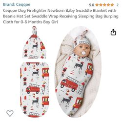 Ceqqoe Dog Firefighter Newborn Baby Swaddle Blanket with Beanie Hat Set Swaddle Wrap New