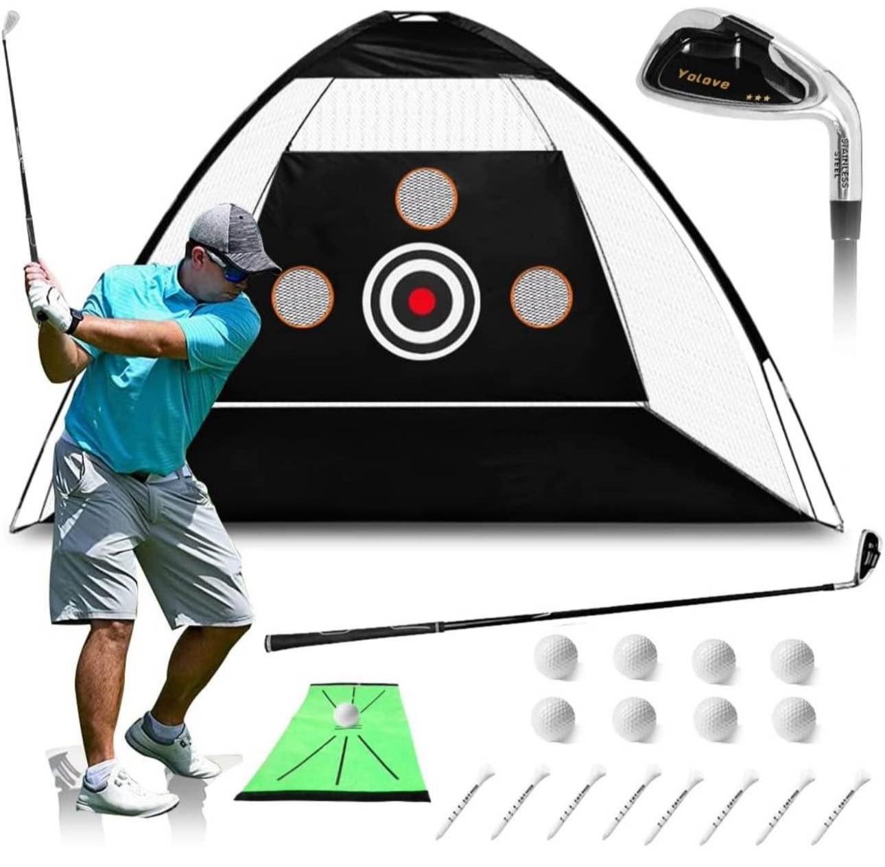 Complete Golf Practice Net – 10x7ft Portable Net with Targets for Indoor and Outdoor Golf Training,1 Golf Club, 1Golf Matn, 8 Balls and Tees. Brand n