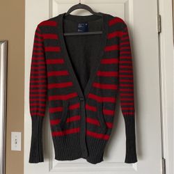 American Eagle Grey And Red Knit Cardigan, Size Small