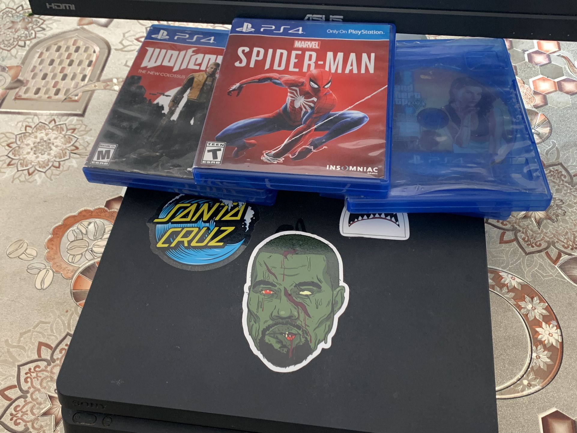 Ps4 Slim With 5 Games Spider-Man, Wolfenstein, GTA5, The Last Of Us Remastered And Naruto Shippuden Ultimate Ninja Storm 4. And Asus Monitor