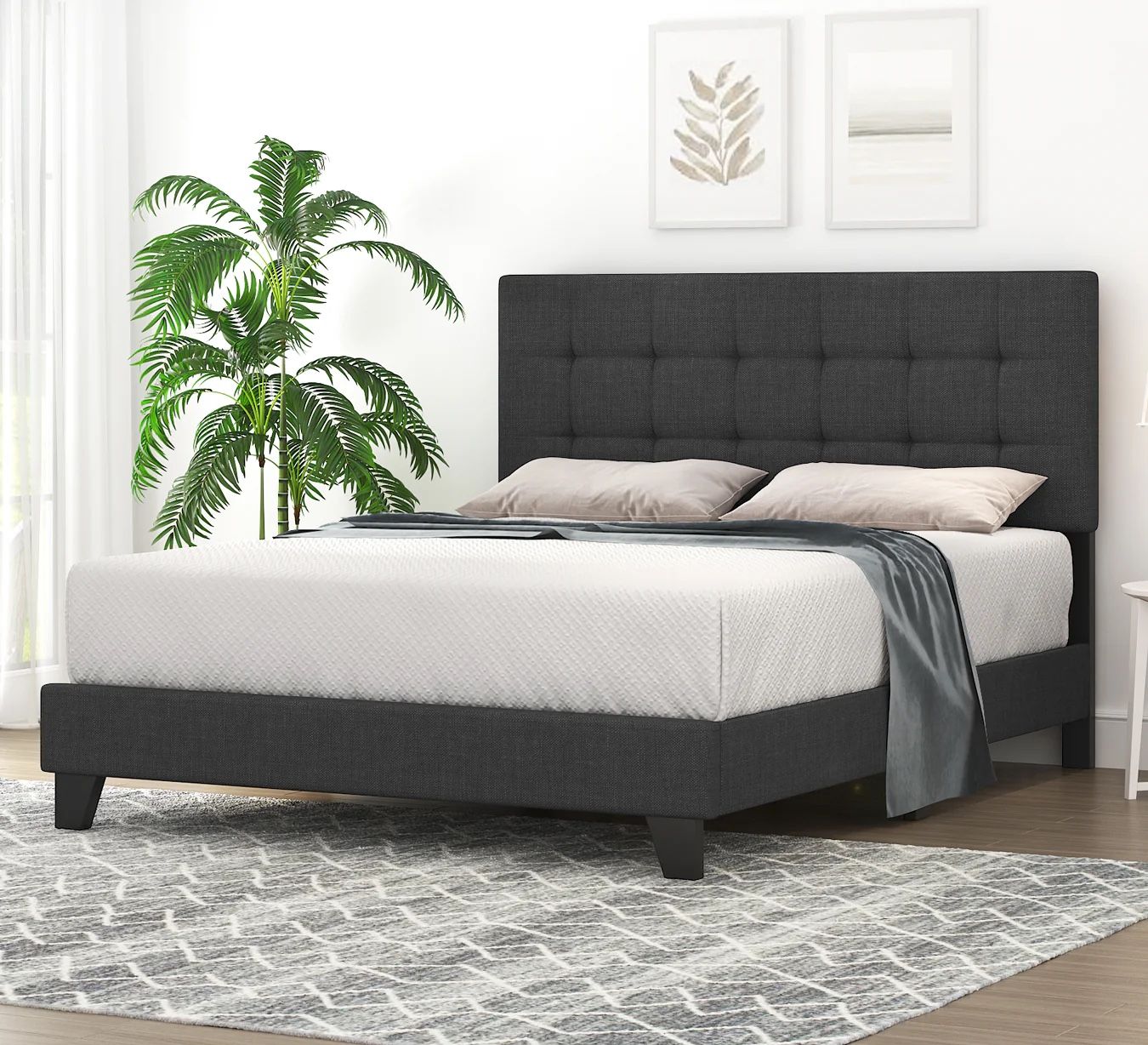 SHA CERLIN Queen Size Panel Bed Frame with Adjustable High Headboard/Fabric Upholstered/Box Spring Needed/Easy Assembly, Grey