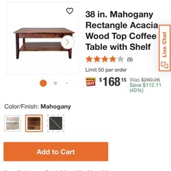 38 IN Rectangle Acacia Wood Coffee Table With Shelf $120