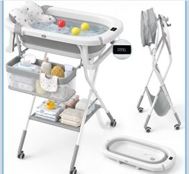 Bañera de bebé plegable con soporte, altura ajustable, diseño de Bañera para bebé con cojín suave y termómetro, estación de baño con bandeja de almace