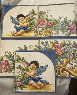 Tiles 5ea Backsplash Cherub Floral Ceramic Hand Painted Spanish 1994 TAU Fireplace Kitchen Decor