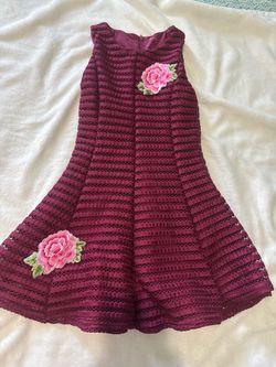 Girls Burgundy Lace Dress with Floral Patches