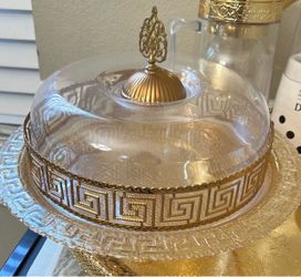 Gold Greek Key Cake Stand with Dome Cover