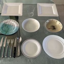 17 Piece Dishware Dishes For Single Person, RV Camping Large Dinner Plate Soup Fruit Salad Cereal Bowl Glass Mug Knives Forks Spoon