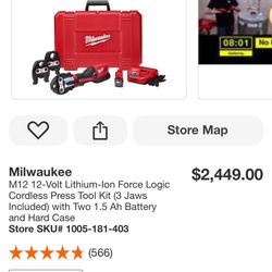 Milwaukee M12 12-Volt Lithium-lon Force Logic Cordless Press Tool Kit (3 Jaws Included) with Two 1.5 Ah Battery and Hard Case