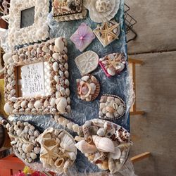 Interior Designers' hand made shell art & victorian art display. See description: