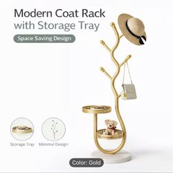 Space-Saving Coat Rack with Storage Tray, Heavy-Duty White & Gold Clothes Tree Stand, Multi-Level Jacket & Bag Organizer for Entryway, Bedroom, Dorm