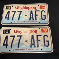 Washington Centennial License Plate Matching Set 1991 Very Nice