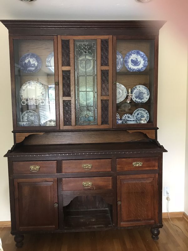 Antique Hutch With Glass Front Four Drawers And Two Cabinet Areas