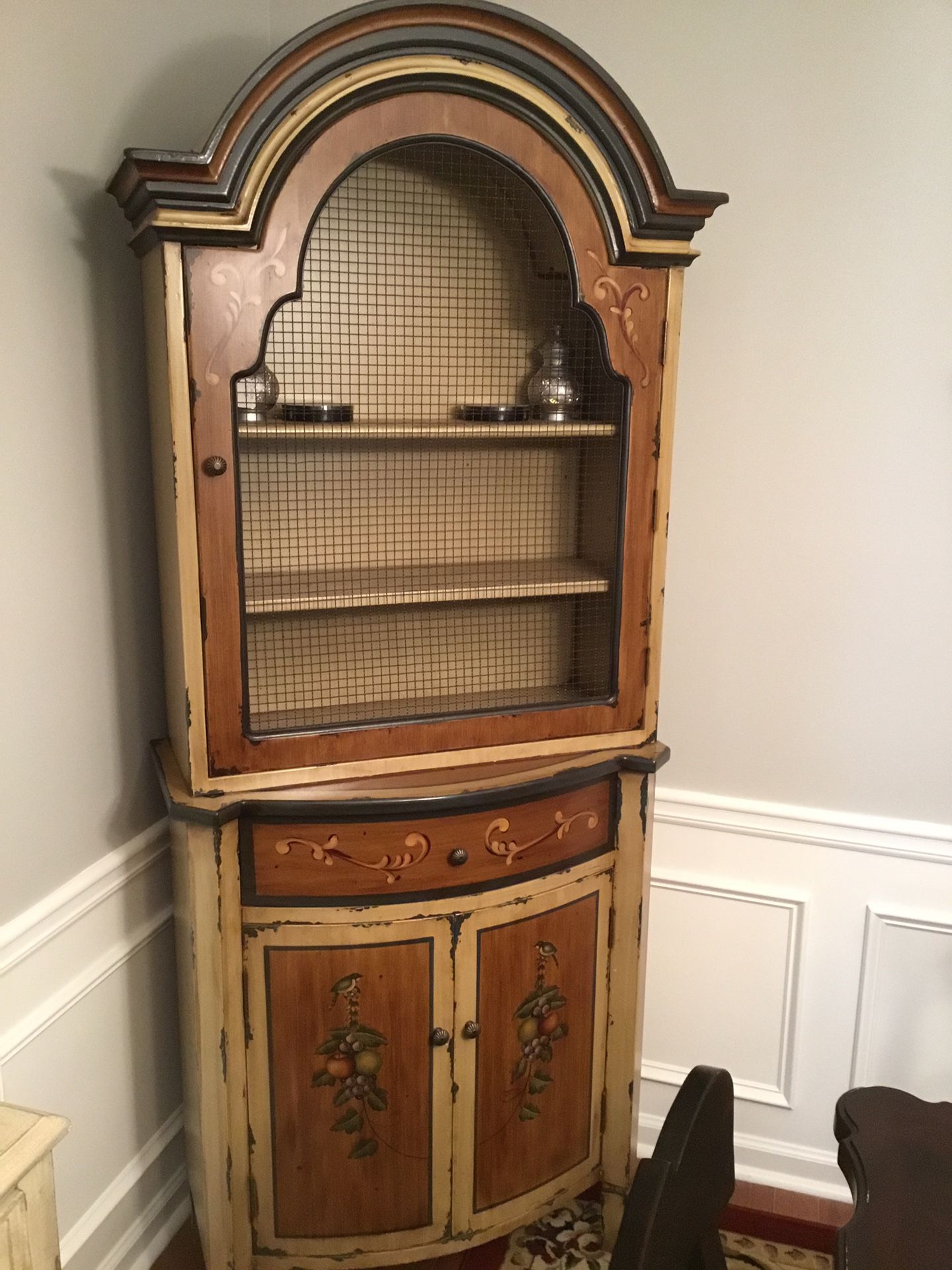 3 WOOD TONES WITH DECORATIVE PAINTING CABINET. LIKE NEW. AN BE USED IN ANY ROOM. HAS SHELVES, ONE DRAWER AND 2 DOORS FOR STORAGE. VERY WELL MADE AN