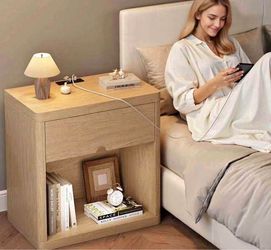 Nightstand Set of 2, Wooden Large Nightstand with Charging Station