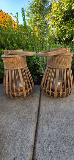 Bamboo Rattan Candle Lanterns Set of 2