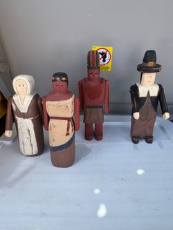 Wolf creek hand carved thanksgiving  pilgrims & indians native American figures