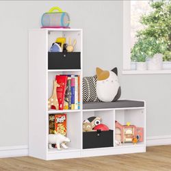 RiverRidge Kids' Cubby Storage Organizer Bench with 5 Toy Storage Shelves and Cushioned Seat White: Bookshelf with Bench Seat, MDF