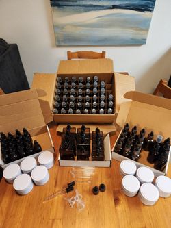 BUSINESS START UP - Huge Lot of 118 Amber Bottles W/ Dropper Caps & Nozzles + Tins $100 or Make An Offer (SE San Diego)