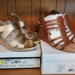 New 2 pairs Etienne Aigner Women's Wedge Metallic  & brown Sandals  sz 10 shoe