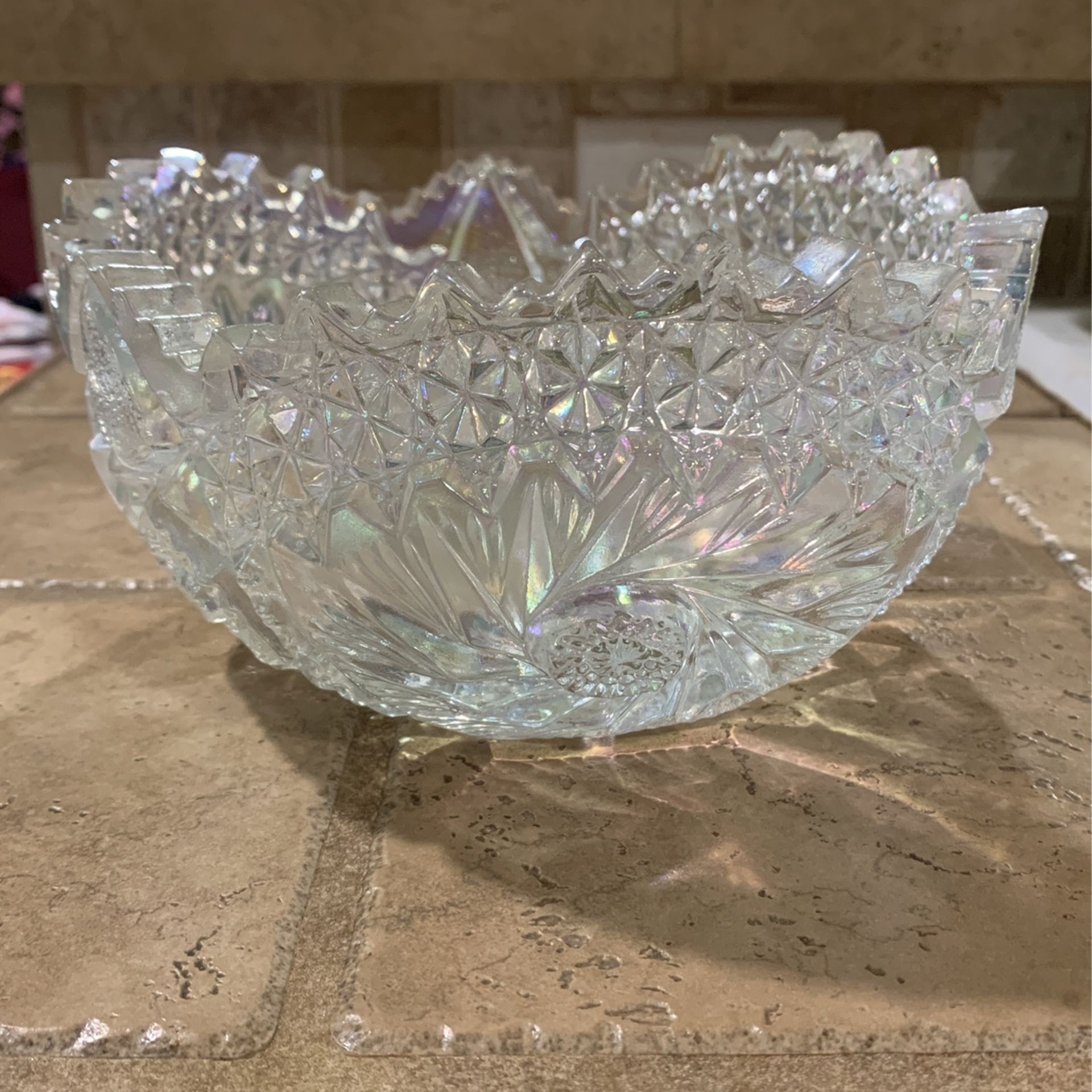 1960s Le Smith White Carnival Glass Bowl Comet and Stars Iridescent Pinwheel Sawtooth- One Chip Please See pics Priced As Is