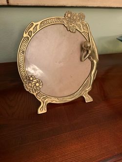 Vintage Art Deco Nouveau Brass Lady Flower Mirror Picture Frame Holds 8” Photo