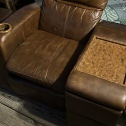 Brown Leather Electric Recliner With Side Table And Drawer