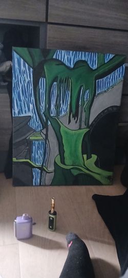 Original Abstract Canvas Painting Green Drip Art