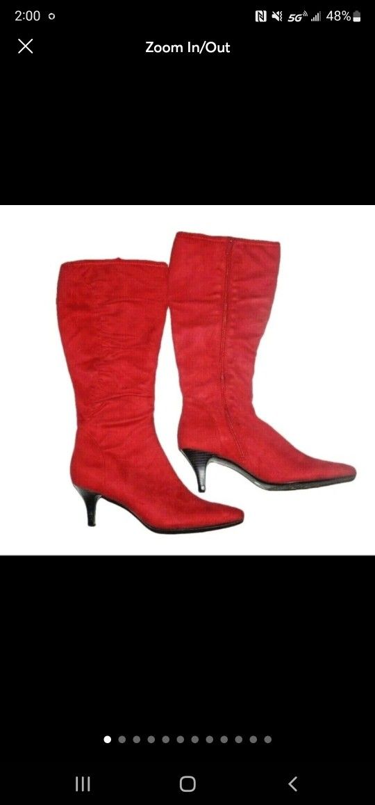 East 5th Red Faux Suede Knee High Heel Boots w Side Zipper (Pre-Owned)