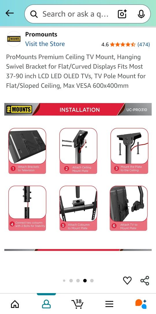 TV Ceiling Mount 37-80" Holds Up To 110lbs