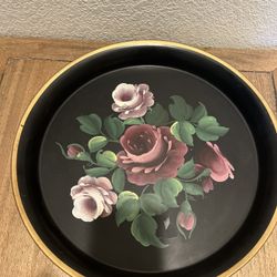 Vintage Hand-Painted Floral Toleware Metal Tray