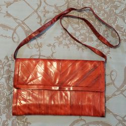 Vintage Red Genuine Eel Skin Clutch Bag Purse With Detachable Strap