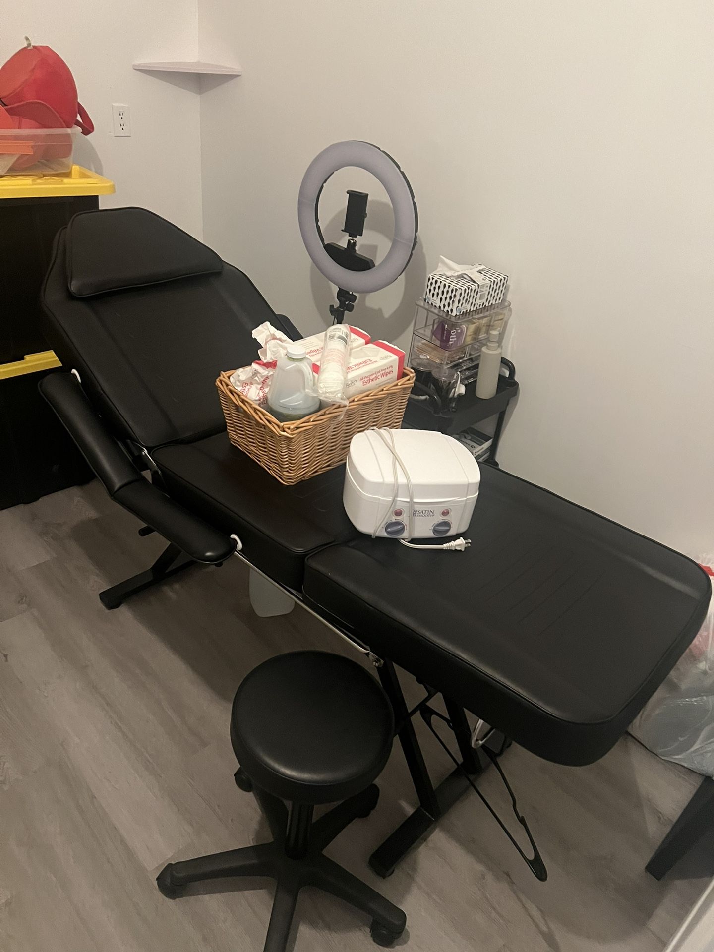Esthetician Bed, Wax Warmer, Ring Light