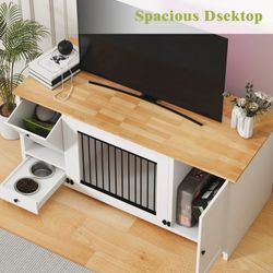 TIME RAY 55" Dog Crate Furniture for Large Dog,Dog Cage Furniture with 2 Storage Drawer,Dog Bowl Drawer and Upward Flapping Crate Door