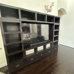 Dark Wood TV Stand / Media Console with Drawers and Shelves