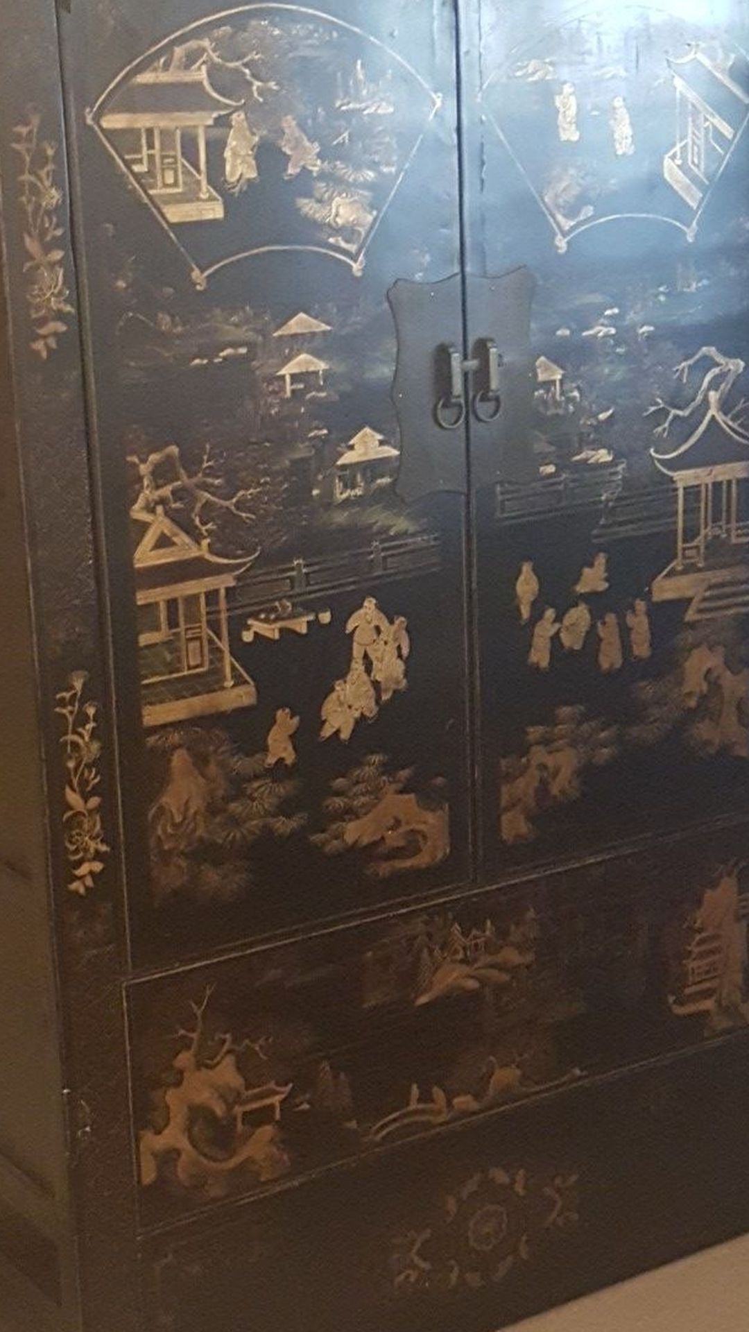 2 Piece Vintage Hand Painted Asian Armoire