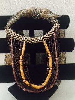 Beaded choker w/ silk leopard scarf
