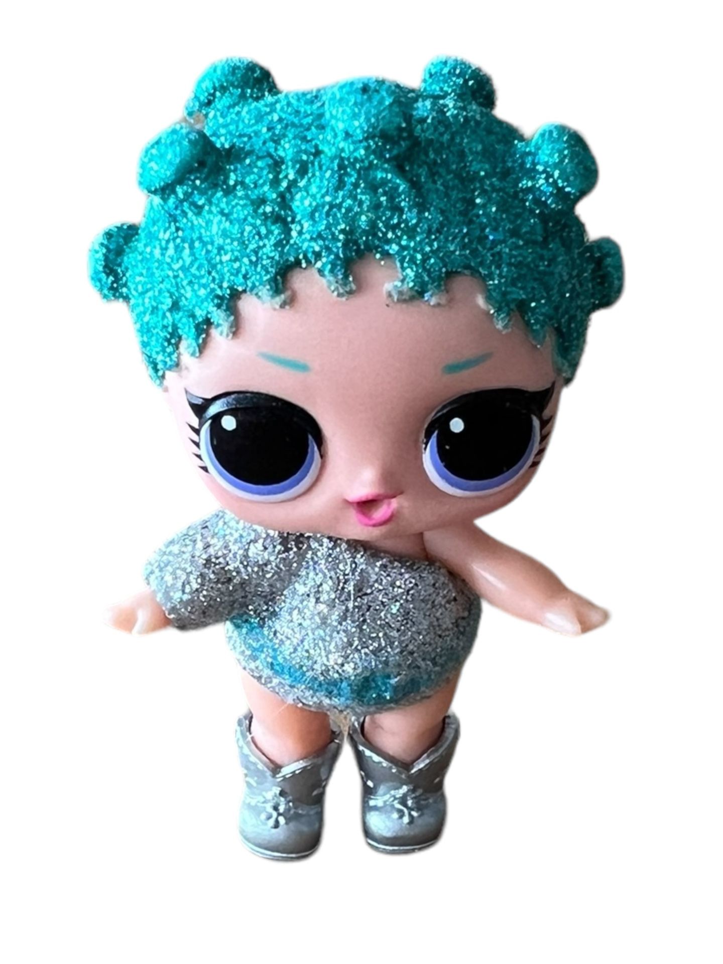 MGA LOL Surprise Mini Doll Blue Glittery Shiny Hair Black Eyes Silver Boots  This MGA LOL Surprise Mini Doll features blue glittery shiny hair, black 