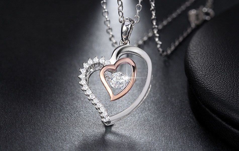 S925 Silver Double Heart Pendant W/ 0.3 ct Dancing Diamond Rose Gold Color Necklace