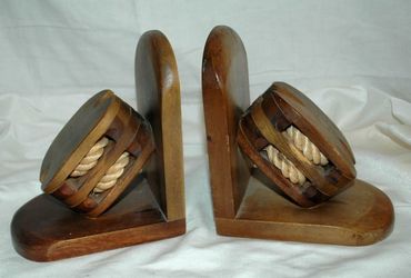 Bookends Wood Pulley Rope Bookends / old hand crafted