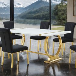 New 5 Piece Dining Set. Gold / Black Or White Chairs. Stainless Steel. 80x39Dx30H. Free Delivery!