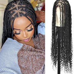 Boho Braided Wig Box Braids Wig Triangle Knotless Braided Wigs for Women Box Braids with Boho Curls Wig Bohemian Braided Lace Front Wigs Full Double L
