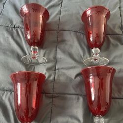Vintage Ruby Red Etched Glass Goblets Set of 4 Wine Glasses Stemware