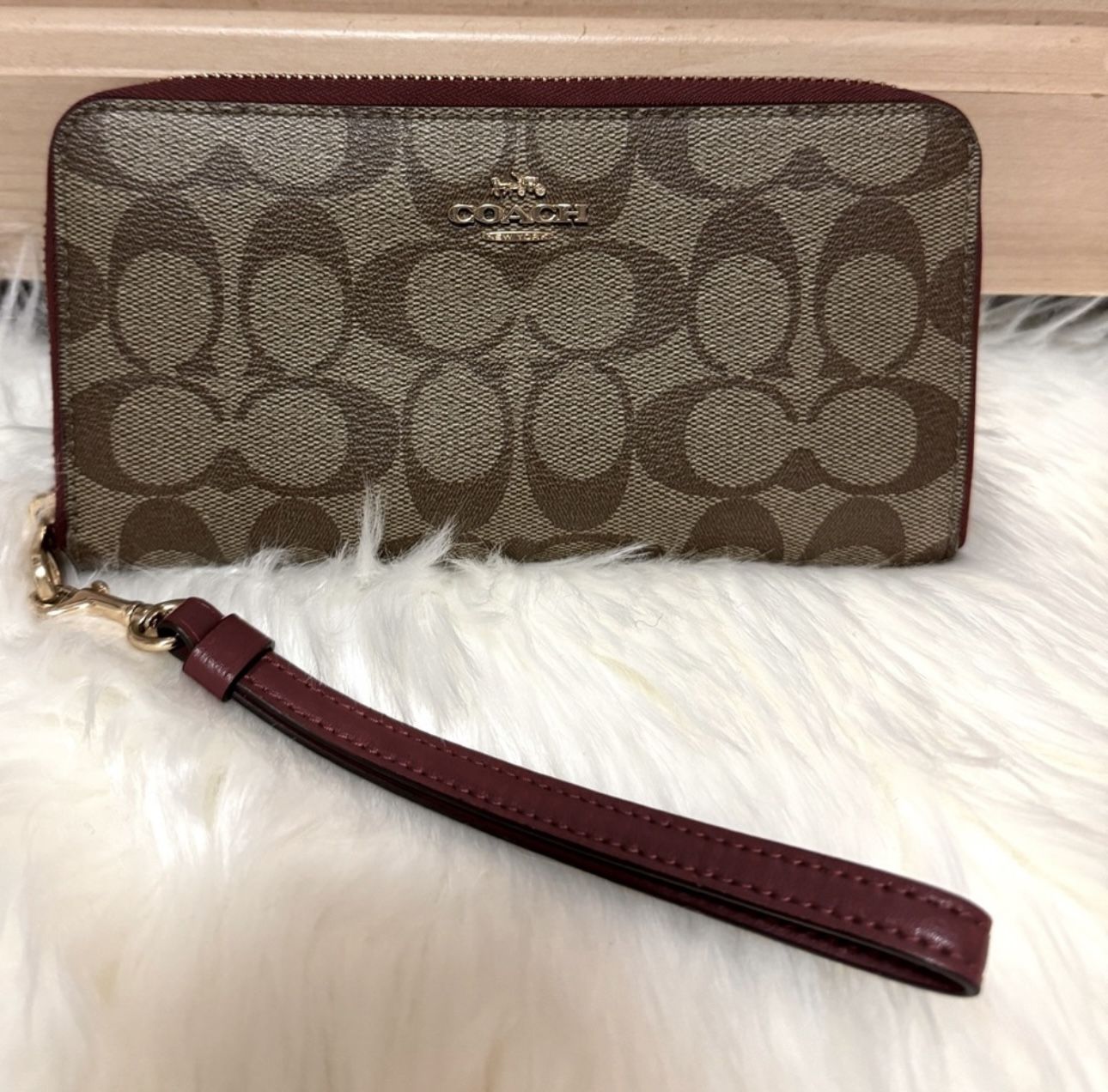 Coach Signature Long Zip Around Wallet In Signature Canvas Cherry like New