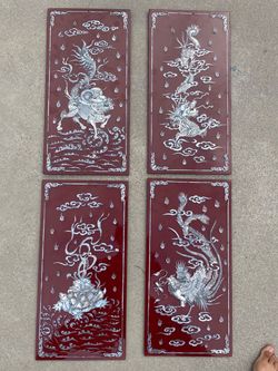 Vietnamese Lacquer Mother of Pearl Inlay Wall Panels Set 4 NEW Dragon Phoenix