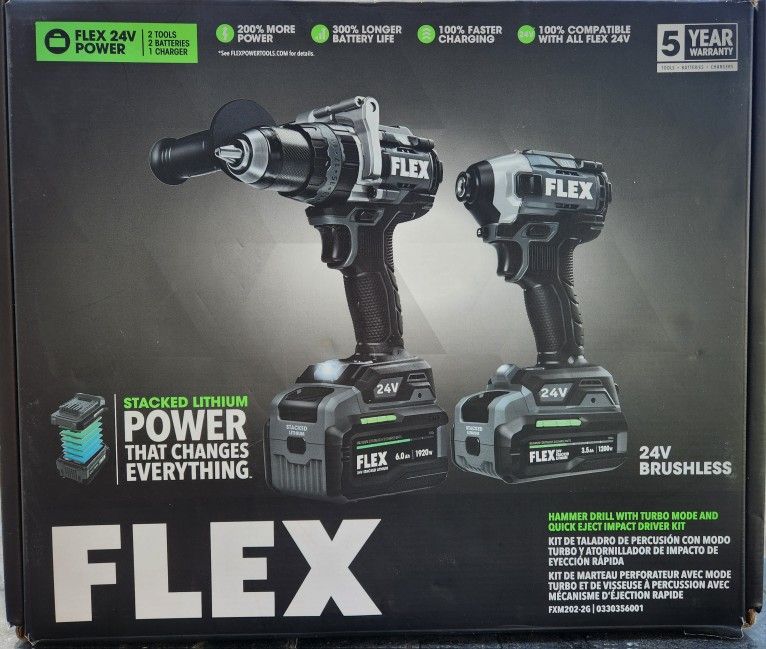 HAMMER DRILL WITH TURBO MODE AND QUICK EJECT IMPACT DRIVER STACKED LITHIUM KIT FXM202-2G